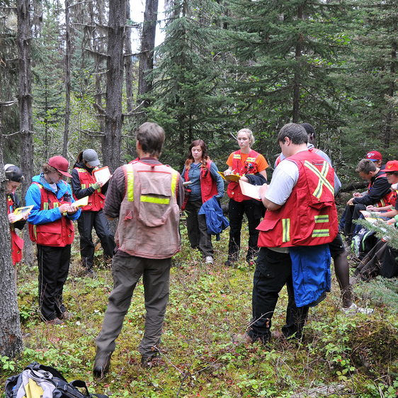 Students are in a forest for an outdoor classroom as part of a mining education experience.