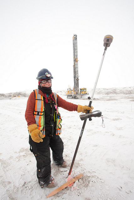 Nikki Laird, senior survey techologist for De Beers, stakes out drill blast holes.