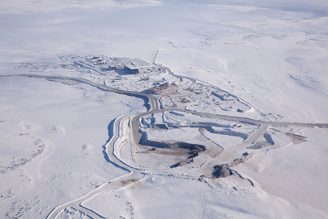 Aerial view of Gahcho Kué mine site in the snow. 