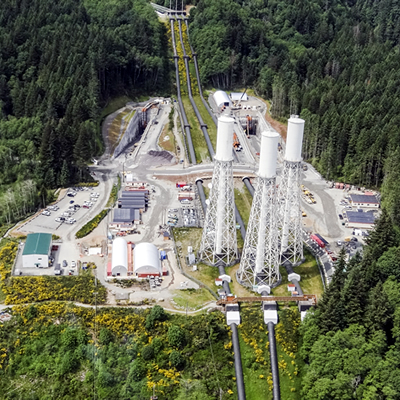 An aerial photo of the John Hart Generating Station. 