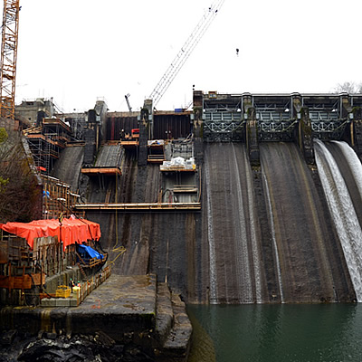 A view of the front of the dam and the spillway gates removed. 