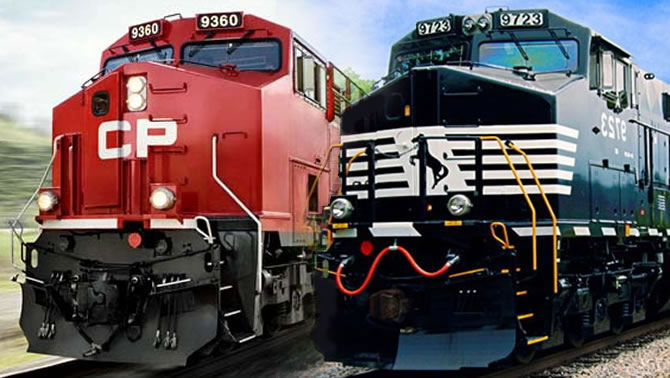 A collage of a CP Rail engine and a Norfolk Southern Corp. engine. 