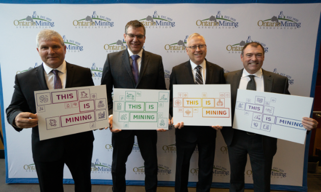 (L to R) Chris Hodgson, president of the Ontario Mining Association; Marc Lauzier, mine general manager for Newmont Goldcorp’s Porcupine Gold Mine; Duncan Middlemiss, president and CEO of Wesdome Mines; and Mike McCann, head of mining and milling for North Atlantic Operations.