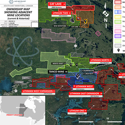 Project Location Map – Winnipeg River Pegmatite Field. Lithium One is the southernmost land package.