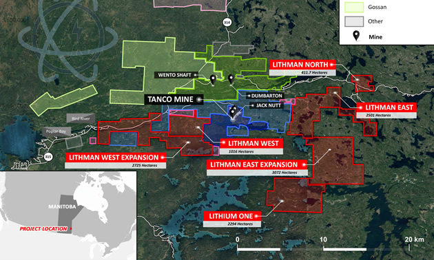 Project Location Map – Winnipeg River Pegmatite Field. Lithium One is the southernmost land package.