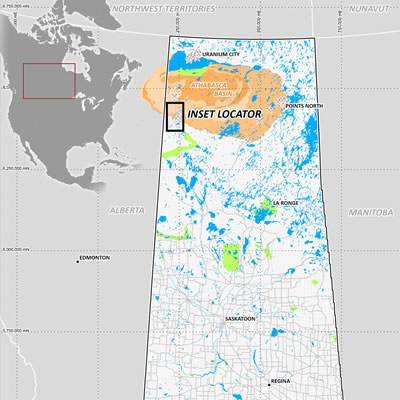 Map detailing the location of the East Preston uranium project in northern Saskatchewan. 