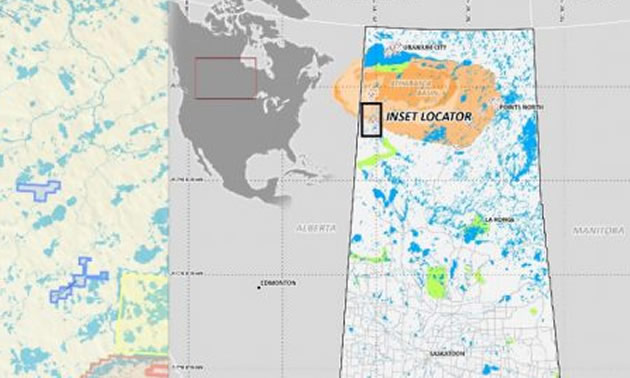Map detailing the location of the East Preston uranium project in northern Saskatchewan. 
