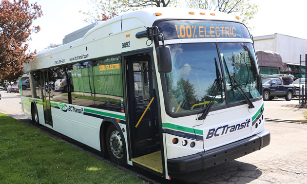 A 100% electric bus, owned by BC Transit.  