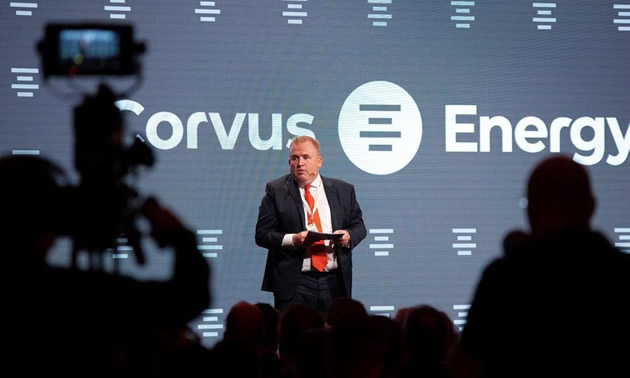 Geir Bjørkeli, CEO of Corvus Energy, addresses the 450 guests at the opening ceremonies of the new Corvus battery factory in Bergen, Norway.