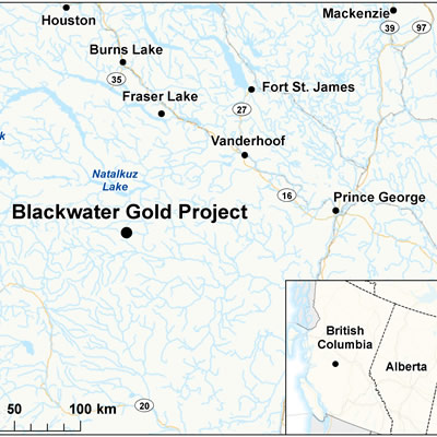 Map depicting the location of the proposed Blackwater Gold Project. 