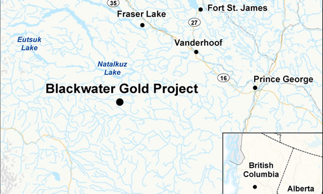 Map depicting the location of the proposed Blackwater Gold Project. 