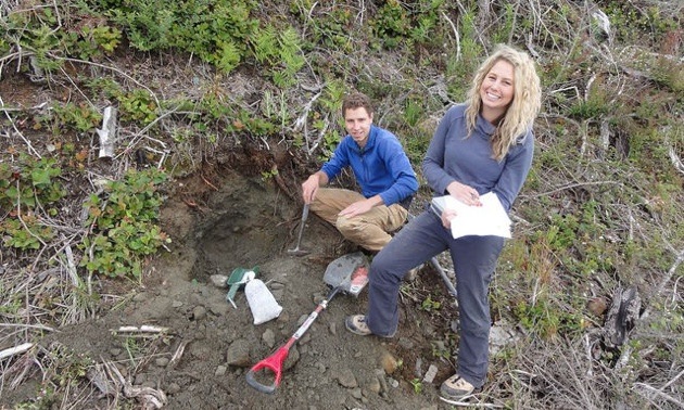 Two work crew members engage in basal till sampling for Geoscience BC's TREK (Targeting Resources through Exploration and Knowledge) Project last summer. 