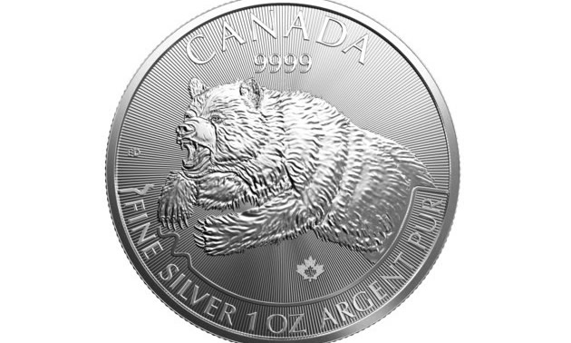 Close-up of front of coin showing grizzly bear engraving. 