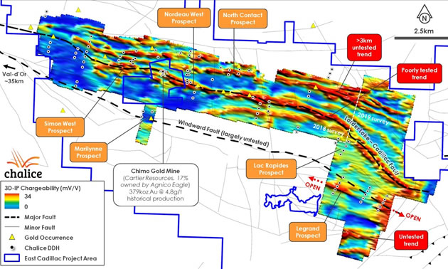 3D-IP chargeability iso-surface, prospects and Chalice drilling to date. 