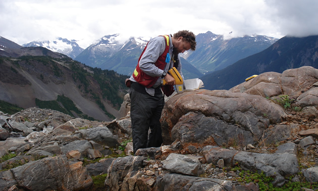 Geologist Chris Gallagher uses an XRF unit on Eagle Plains Resources’ Kalum property in northern B.C. 