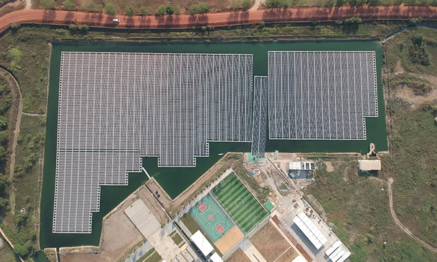 An aerial view of A 2.8 MWp floating solar plant in Cambodia. 