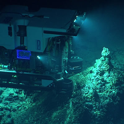 A remotely-operated underwater vehicle images a hydrothermal vent in the deep ocean. 