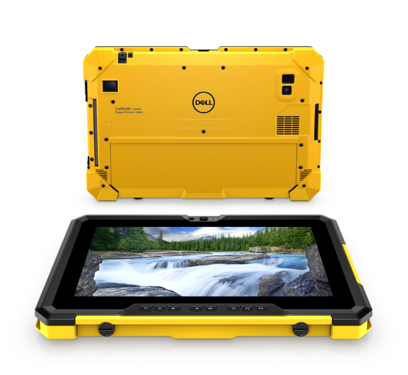 The Dell Latitude 7220EX Rugged Extreme tablet, yellow case. 