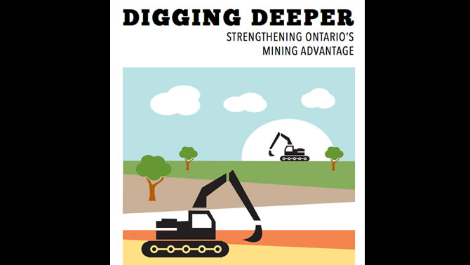 Cover of a report by the Ontario Chamber of Commerce entitled 'Digging Deeper: Strengthening Ontario's Mining Advantage'