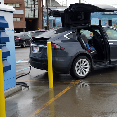 A Tesla vehicle at the official opening of the Cranbrook Electric Vehicle DC Fast-Charging Station in Cranbrook, B.C.
