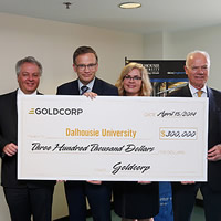 (L to R): Brent Bergeron (senior vice-president, corporate affairs, Goldcorp), Josh Leon (dean, Faculty of Engineering), Richard Florizone (Dal president), Christine Marks (director, corporate communications, Goldcorp), Peter Dey (chair, Goldcorp Governance and Nominating Committee), Donald Jones (Goldcorp Professor in Mining Engineering).