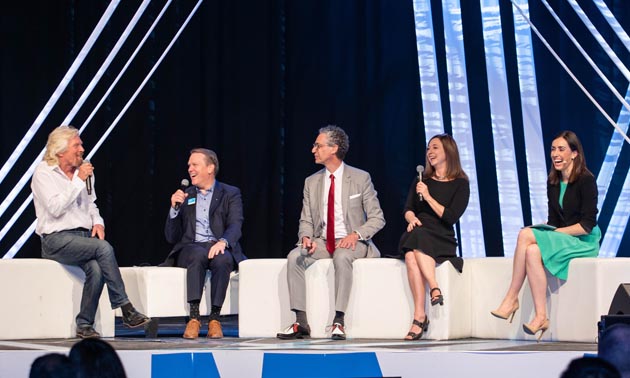 Richard Branson (far left), founder and president of Virgin Atlantic Airways Ltd., was the headliner at Energy Disruptors Unite 2018. Also shown are (from L to R) Dave Mowat (former president and CEO of ATB Financial), Peter Tertzakian (chief energy economist and managing director of ARC Financial Corp), Susan Cain (author) and Holly Ransom (Energy Disruptors co-founder and host).