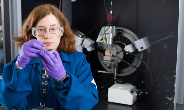 Heather's team works with companies in the oil and gas industry to find solutions to their sustainability challenges. She is shown here in the lab.