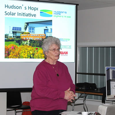 Hudson's Hope Mayor, Gwen Johansson,  discussing solar. 