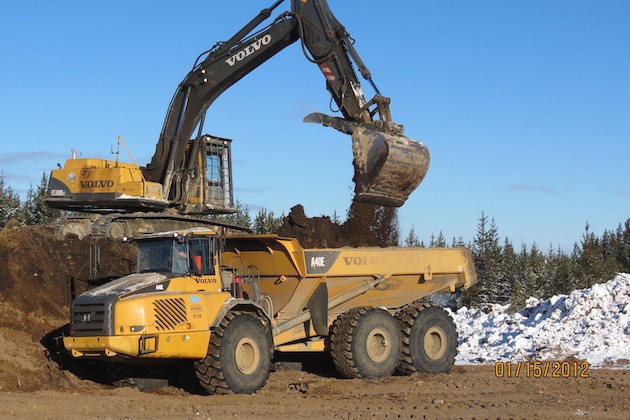 Large digger shovelling dirt into an oversized mining dump truck. 