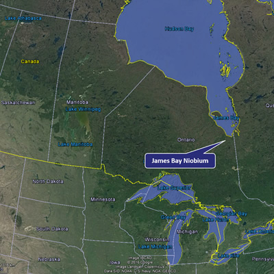 Map of Canada, showing the location of the James Bay Niobium Project in northern Ontario.