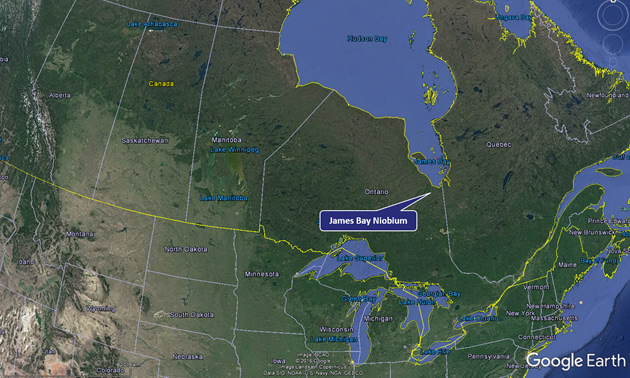Map of Canada, showing the location of the James Bay Niobium Project in northern Ontario.