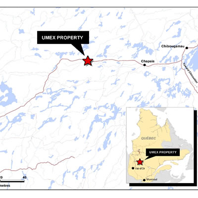 Graphic map, detailing location of the UMEX property in Quebec. 