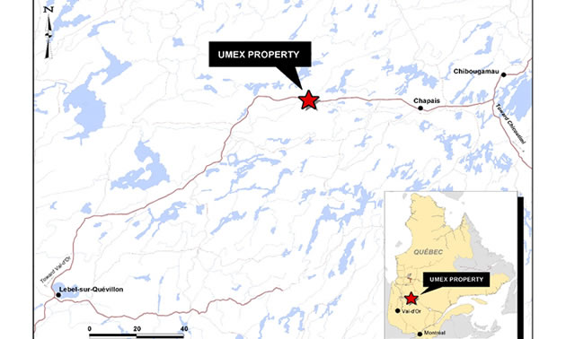 Graphic map, detailing location of the UMEX property in Quebec. 
