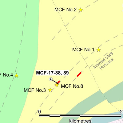 Location of Recent Drilling at McFaulds No.8 Red Lines are recently identified BHEM conductors