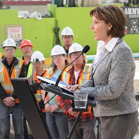 Photo of Premier Christy Clark meeting with about 250 employees of Britco in Penticton in September