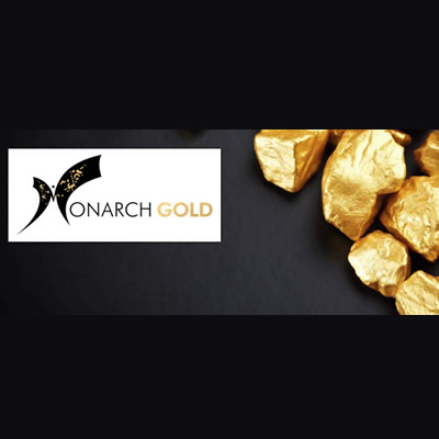 Logo for Monarch Gold Corporation and picture of gold nuggets. 
