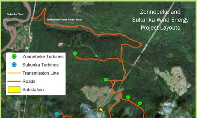 Graphic map showing location of Zonnebeke and Sukunka wind energy projects. 