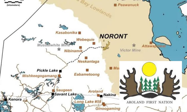 Map of Ontario showing location of Noront projects, and logo of Aroland First Nation. 