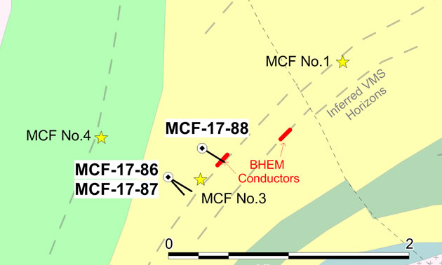 Location of 2017 McFaulds drill holes and BHEM conductors. 