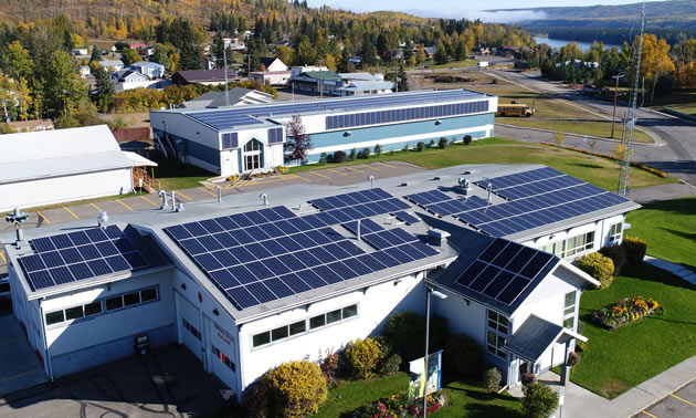 Aerial view of the solar arrays on the curling rink and municipal offices in Hudson's Hope, B.C.