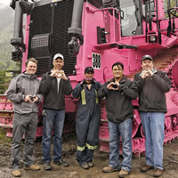(L to R): Tom Tobin, Branch Manager-Finning; Clayton Podrasky, Superintendent Mine Operations–Teck EVO; Tracey Valin, equipment operator–Teck EVO; Ernie Canlas,  Acting General Manager–Teck EVO; and Bob Arnott, Account Manager-Finning