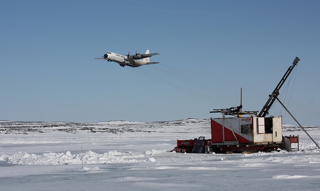 Departing flight over drill rig at the Back River gold project in Nunavut. 