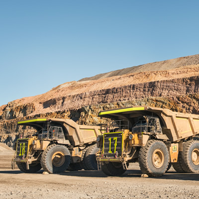Line up of large mining trucks. 