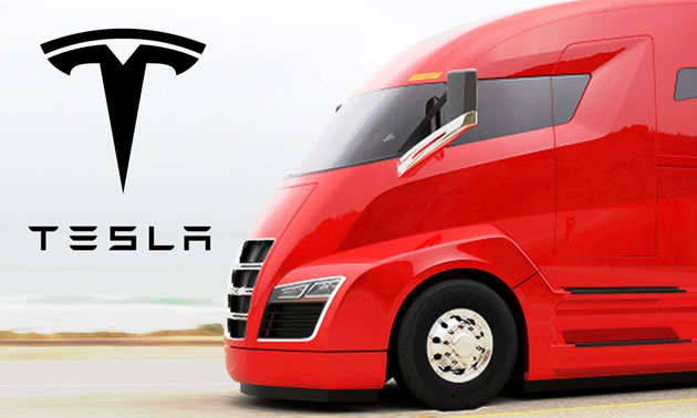 Picture of newly unveiled Tesla electric truck, red in colour, with Tesla logo. 