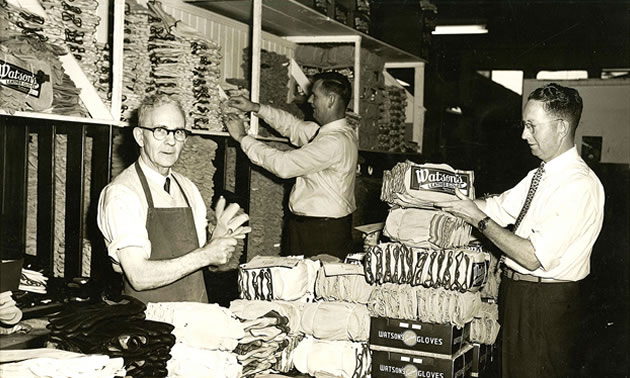 An old photo of men working at Watson Gloves, which is celebrating 100 years as a Canadian company.