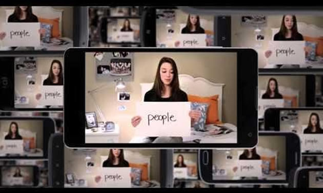 Children of the Street ad showing repeating image of girl holding sign saying 'People'. 