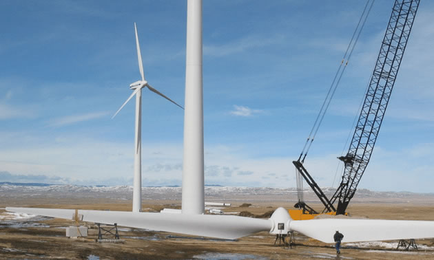A wind turbine being erected. 