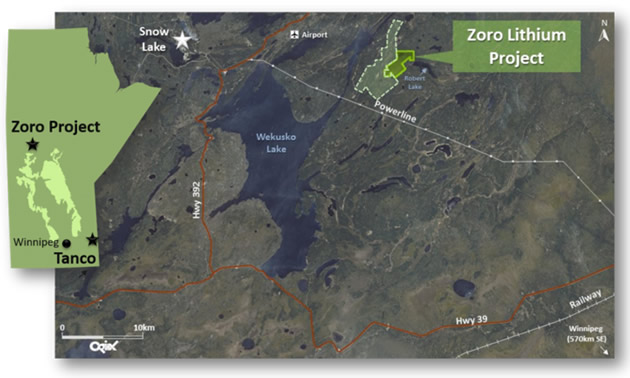Map showing location of Zoro Lithium Project. 