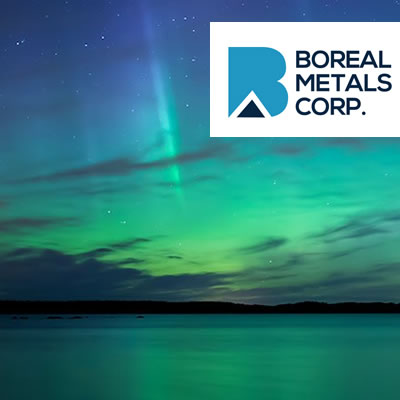 Picture of aurora borealis with logo of Boreal Metals Corp. 