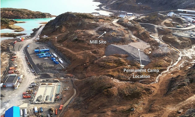 An aerial view of the mine site shows the location for the permanent camp and mill locations, October 2015.